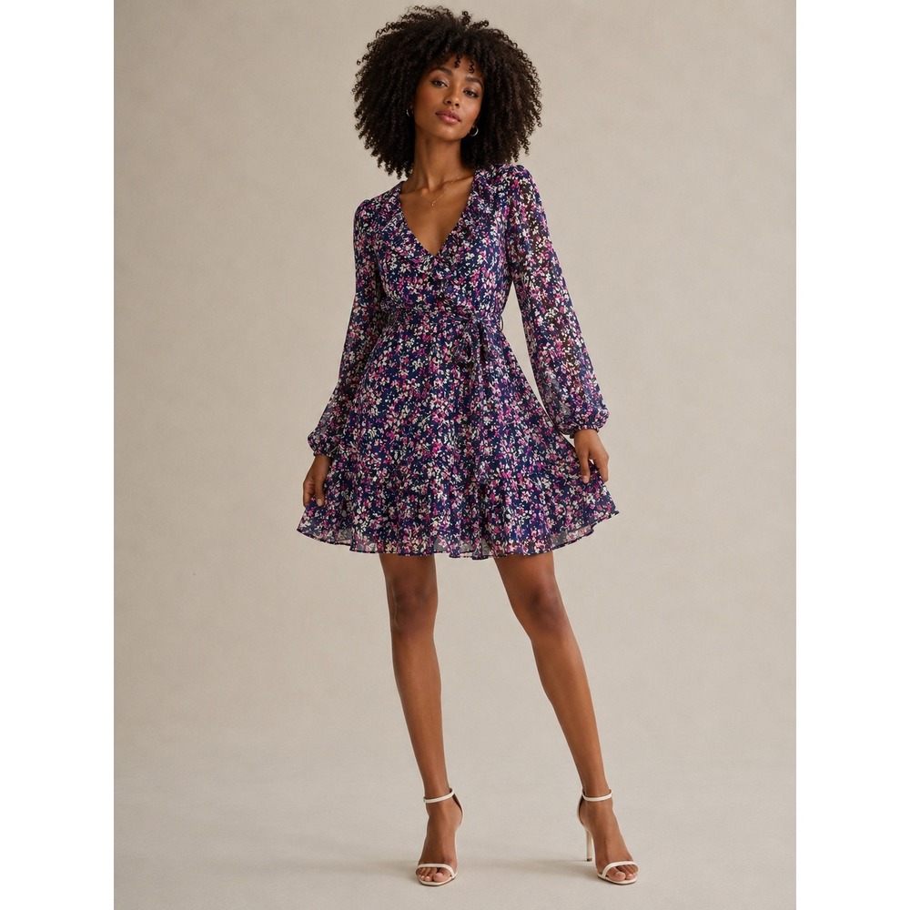 AQUA Floral Mini Dress‎ Womens S Blue Pink Ruffle Wrap Long Sleeve
